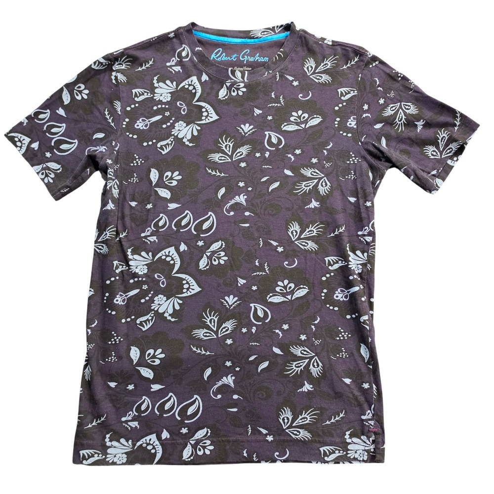 Robert Graham Mens XS Purple Paisley Floral Print Cotton Short Sleeve T-Shirt